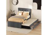 Letto Imbottito Fortuna Lai 90X200Cm(90X190Cm) Con 3 Cassetti, Rete Matrimoniale Con Letto Estraibile, Letto Familiare Con Rete A Doghe E Testata Regolabile In Altezza, Materiale Lino, Senza Materasso, Grigio