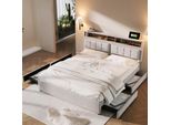 Letto Imbottito Flieks 140X200Cm Con Usb E Prese, Letto Per Ragazzi Letto Matrimoniale Con 4 Cassetti, Letto Contenitore Letto In Legno Massiccio Con Rete A Doghe, Lino, Beige