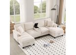Divano Angolare A U Merax A 4 Posti, Con Base Letto, Portaoggetti, Portabicchieri, Usb, Cuscini, Divano Modulare, Rivestimento In Velluto A Coste, Divano, Set Di Divani, Beige