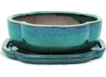 Ciotola Bonsai Con Piattino Gr. 2 - Verde - Haitang / Ovale - Modello I5 - L 14,5 Cm - P 12,5 Cm - H 5 Cm