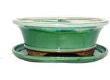 Ciotola Bonsai Con Piattino Gr. 4 - Verde / Beige - Ovale - Modello O4 - L 26Cm - P 21Cm - H 7.5Cm