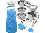Set Di Cucina E Cottura Per Bambini 18 Pezzi Con Cappello Da Chef Grembiule Forno Padella Pentola Zuppa Cucchiaio Pala Utensili Da Cucina Bambini Chef Ruolo Playset Regalo Educativo Per Le Ragazze Ragazzi (Blu)