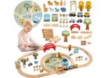 Zoo Ferroviario In Legno Con Tappeto Puzzle - Treno, Binari, Animali, Ponte E Barriera - Mamabrum