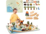 Ferrovia In Legno Dino Park Con Tappeto Antiscivolo - Dinosauri, Treno, Binari, Vulcano Con Campana - Mamabrum
