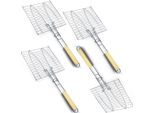 Set Di 4 Griglie Per Pesce | Griglia Per Pesce Da 23,5 X 23,5 Cm Per Barbecue Con Manico In Legno | Cestino Per Pesce Per 2 Pesci | Supporto Per Pesce Con Morsetto | Pinze Per Grigliare Verdure, Gamberi | Pinze Per Pesce Pieghevoli | Accessori Per Barbecue