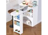 Tavolo Da Bar Bianco Da 120 Cm, Piano Girevole (Fino A 180 Cm), Bancone Da Cucina In Look Marmo, Spazio Per Riporre Gli Oggetti E Grotta Per Animali Domestici