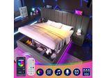 Letto Imbottito 160×200, Letto Matrimoniale Contenitore Con App Control Led, Lino, Grigio, Senza Materasso E Comodino
