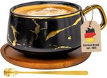 Tazza Intirilife In Ceramica Nera Con Design In Marmo - Circa 200 Ml - Tazza Da Caffè, Tazza Da Tè Con Sottobicchiere In Legno