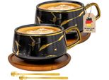 Intirilife 2X Tazza In Ceramica Con Design In Marmo Nero - Circa 200 Ml - Tazza Da Caffè, Tazza Da Tè Con Sottobicchiere In Legno, Tazza Per Caffè, Tè, Latte, Cacao E Molto Altro Ancora
