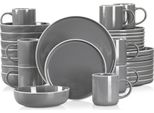 Set Di Stoviglie In Gres Grigio, Contiene Piatti, Ciotole, Tazze, Grigio 32 Pezzi