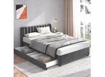 Letto Imbottito Merax 140X200Cm Matrimoniale Con Rete A Doghe E 2 Cassetti, Letto Contenitore Letto In Legno Letto Funzionale In Velluto, Grigio