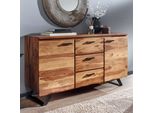 Finebuy Credenza In Legno Massiccio Sheesham 145 Cm 2 Porte E 3 Cassetti - Cassettiera In Legno Massiccio Retro - Credenza Di Design Naturale - Fatto A Mano Industriale