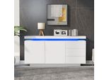 Credenza Sweiko Mobiletto Moderno Per Soggiorno Armadio A Muro Cassettiera Mobile Credenza 2 Ante 3 Cassetti Credenza Lucida Con Luce Led Senza Maniglie 140X35X72,5 Cm - Bianco