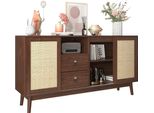 Credenza Sweiko Con 3 Ante Scorrevoli In Vero Rattan E 2 Cassetti, 155X38X80 Cm, Traspirante, Stabile E Versatile