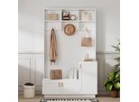 Set Armadio Sweiko Con Panca E Scarpiera, Panca Multifunzionale Con 3 Ganci Per Appendere E Spazio Di Archiviazione Aperto, Armadio Rettangolare Per Corridoio, Bianco, Dimensioni: H200/B120/T40 Cm