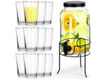 Caraffa In Vetro Vilde Distributore Di Bevande In Vetro Con Rubinetto E Supporto Nero 3,2 L + Bicchieri Da 200 Ml 12 Pz.