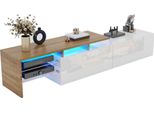 Mobile Tv Moderno Sweiko Di Design: Elegante E Raffinato, Pratico Spazio Di Archiviazione, Bianco Lucido, Aspetto Legno, Ripiani In Vetro, Illuminazione A Led