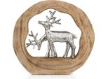 Figura Decorativa Renna In Un Anello Di Legno In Legno Di Mango E Alluminio 27,5 Cm Figura In Legno Con Due Renne Realizzata A Mano Unica Per Tavolo, Cassettiera O Davanzale