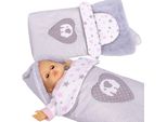 Fascia Per Bambole Bobo Per Neonato Con Cappuccio E Applicazioni Con Elefante. Coperta Per Passeggini Per Bambole - Strisce Grigie Con Elefantino