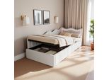 Letto Imbottito Unboxg 90×200 Cm In Bianco, Tessuto Teddy - Divano Letto Per Bambini E Divano Letto Con Illuminazione Led, Contenitore E Molla A Pressione A Gas
