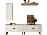 Parete Attrezzata Aiorber, 3 Pezzi, Composta Da: Credenza, Armadi, Parete Attrezzata. Bianco E Legno, Pannelli Delle Ante Intagliati