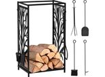 Porta Legna Da Ardere Aiorber Porta Legna Da Ardere Con Set Per Caminetto Da 4 Pezzi, In Acciaio Inox, Porta Legna Da Ardere Interno Esterno 46X30X70Cm Nero