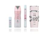 Lattafa Yara Combinazione Di 4 Pezzi: Yara 100Ml Eau De Parfum Donna+Yara 35ML Eau De Parfum+ Yara 200ML Spray Perfumato+Musc Yara 10Ml