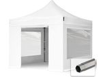 Toolport 3X3 M Gazebo Pieghevole Pvc Con Laterali (Finestre Panoramiche), Premium Acciaio, Bianco