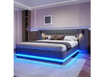 Letto Imbottito Merax 180X200, Letto Matrimoniale Con Striscia Led, Testata Con Luce Di Lettura E Connessione Usb, Rete A Doghe, Tessuto Di Lino, Letto Piano, Grigio