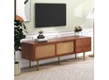 Mobiletto Tv Merax Con 2 Cassetti E 2 Ante Scorrevoli, Mobile Tv Con Intreccio In Rattan E Piedini In Metallo, 160*40*60Cm, Marrone Vintage
