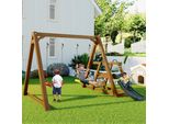 Merax Altalena Doppia In Legno Per Bambini, Altalena Da Giardino Con Scivolo E Scaletta, Altalena In Legno Con Telaio Oscillante Per Bambini, Marrone