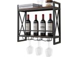 Costway Portabottiglie A 2 Livelli Da Parete, Portabottiglie In Legno Con Struttura In Metallo, Con 3 File Di Portabicchieri Da Vino, Design Industriale, Ideale Per Casa, Bar, Cucina, Ristorante