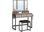 Vasagle, Tavolino Da Toilette Con Specchio Pieghevole In 3 Parti, Supporto Per Asciugacapelli, Tavolino Per Cosmetici Con Sgabello Imbottito, 3 Cassetti, Design Industriale, Grigio E