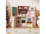 Cucina Per Bambini Costway, Cucina Ad Angolo Con Accessori Da Cucina, Lavello, Fornello, Microonde, Forno, Cestino, Luci E Suoni, Cucina Giocattolo In Legno Per Bambini 3+Rosa