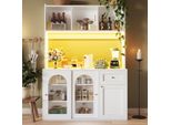 Mobile Da Cucina Sweiko, Mobile Alto, Vetrina, Mobile Buffet Con Ripiani Regolabili, Mobile Per Sala Da Pranzo, Credenza Con Illuminazione Led, Bianco