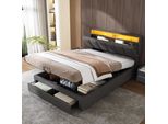Letto Imbottito Flieks 140X200Cm Con 2 Cassetti, Letto A Molle Idrauliche Con Rete A Doghe, Letto Contenitore Con Led, Letto Matrimoniale Per Ragazzi, Biancheria, Grigio