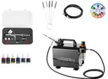Succebuy Set Aerografo 1/6 Hp Con Compressore D'aria, Pistola Aerografo A Doppia Azione Con 3 Ugelli (0,2/0,3/0,5 Mm), Tubo Flessibile E Vernice Acrilica - Ideale Per La Decorazione Di Torte, La Pittura Di Modelli E La Nail Art, Funzionamento Silenzioso