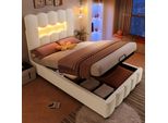 Letto Imbottito Idraulico Flieks 90X200Cm Con Led, Letto Per Bambini Letto Per Ragazzi Con Contenitore, Letto Contenitore Letto Singolo Con Rete A Doghe, Velluto, Beige