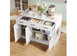 Flieks Tavolo Da Pranzo Cucina Isola Di Servizio Carrello Con Aspetto Marmo, Mobile Cucina Buffet Con Armadio E Ripiani Regolabili, Bianco