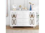 Fortuna Lai Credenza Con Ante In Vetro A Specchio E 4 Cassetti, Credenza Cucina Stile Country, 148X102X40Cm, Bianco