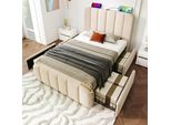Letto Imbottito Flieks 90X200Cm Con Funzione Di Ricarica (Usb, Type-C), Letto Singolo Contenitore Con 4 Cassetti, Letto Funzionale Per Ragazzi, Biancheria, Beige