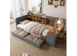 Letto Imbottito Flieks 90X200Cm Con Scrivania, Divano Letto Day Bed Con Usb E Type-C, Letto Singolo Con Contenitore, Lino, Grigio