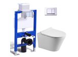 Set Completo Per Wc A Parete - Cassetta Di Scarico Da 82 Cm + Wc Sospeso Senza Bordo + Placca Di Spinta Rettangolare Cromata Horow