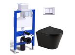 Set Completo Per Wc A Parete - Cassetta Di Scarico Da 82 Cm + Wc Sospeso Senza Bordo Nero + Placca Rettangolare Cromata Horow