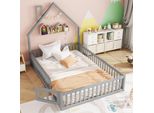 Letto Merax Per Bambini 140X200 Cm Con Camino E Sponda Di Sicurezza Integrale, Letto A Terra Con Rete A Doghe, Letto In Legno, Letto Matrimoniale - Grigio