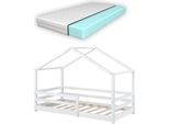 Letto Per Bambini Con Materasso E Protezione Anticaduta 70X140Cm Casa Letto Con Materasso In Schiuma Fredda Casa Letto Con Rete A Doghe Legno Di Pino Letto Per Bambini Bianco [It.Casa]