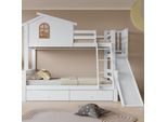 Letto A Castello Flieks 90X200/120X200 Con Rete A Doghe, Letto Per Bambini Con Scivolo E Scaletta, Letto A Soppalco Con 2 Cassetti, Letto Casa Letto In Legno Letto A Castello, Bianco