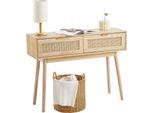 Consolle In Rattan - Tavolo Da Ingresso Con 2 Cassetti - Tavolo Decorativo Con Ante Scorrevoli - Look Naturale Per L'ingresso