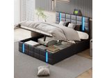 Letto Imbottito Matrimoniale 160X200 Cm Con Led, Rete A Doghe, Telaio In Pu, Nero, Design Moderno, Ideale Per Camere Da Letto, Funzionale E Confortevole