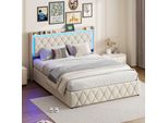Letto Matrimoniale Imbottito, 140 X 190 Cm, Con Testata A Led, Funzione Di Ricarica Usb, Velluto, Beige